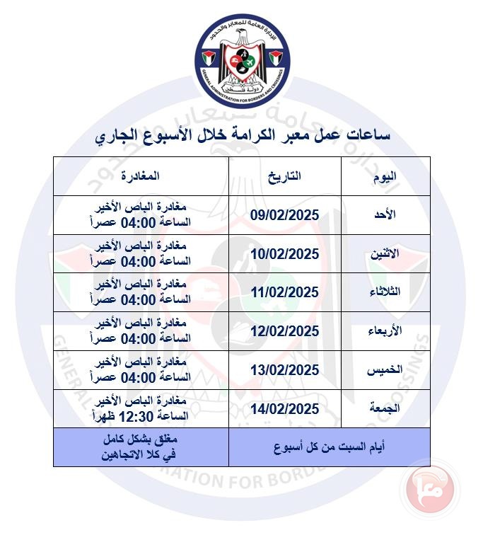 ساعات عمل معبر الكرامة خلال الأسبوع الجاري