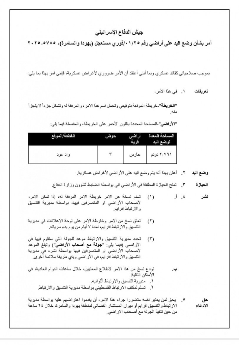 قرار اسرائيلي بالاستيلاء على نحو 3 دونم غرب سلفيت